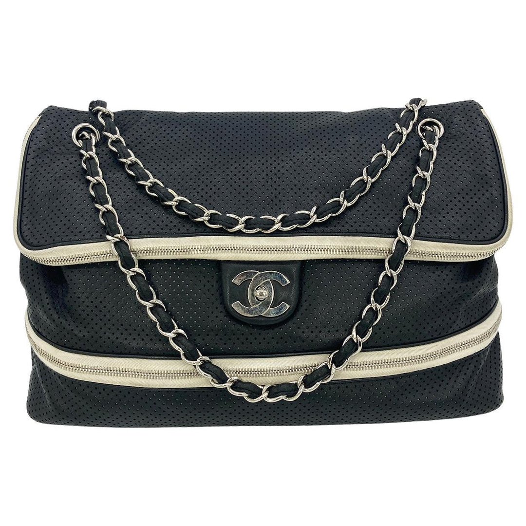 Chanel Black Perforated Leather Expandable Classic New Shoulder Bag