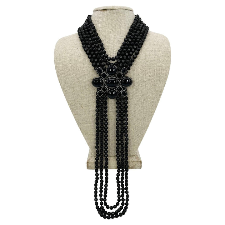 Chanel Black Beaded Multi Strand Emblem Necklace