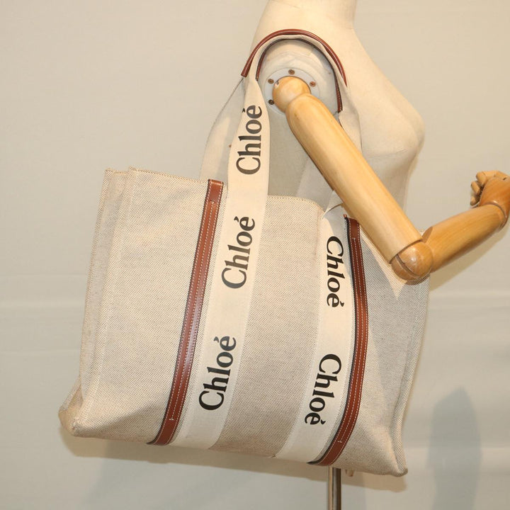Chloe Woody Large Tote Bag Canvas Beige yb415