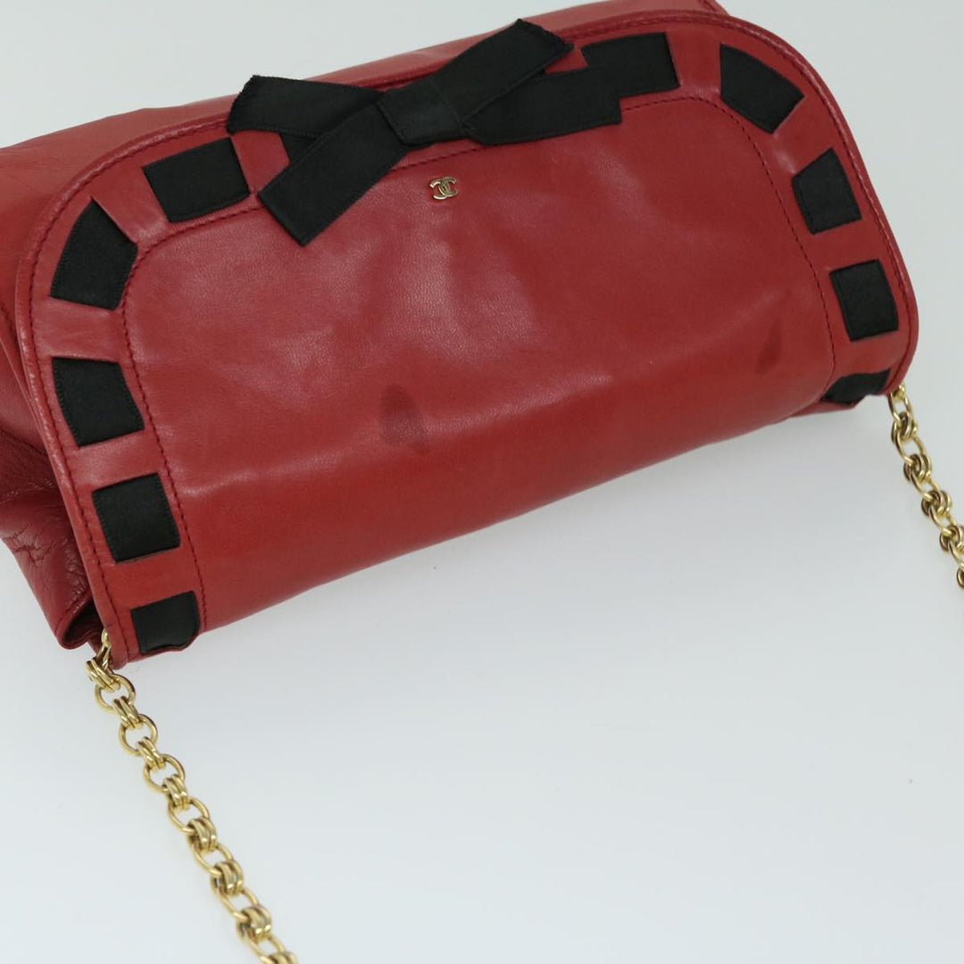 Top Quality Chanel COCO Mark Ribbon Chain Shoulder Bag Lamb Skin Red CC Auth yk10943