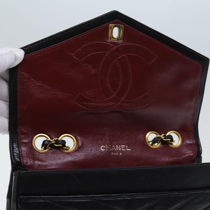Chanel Turn Lock Chain V Stitch Hand Bag Lamb Skin Black CC Auth yk11929A