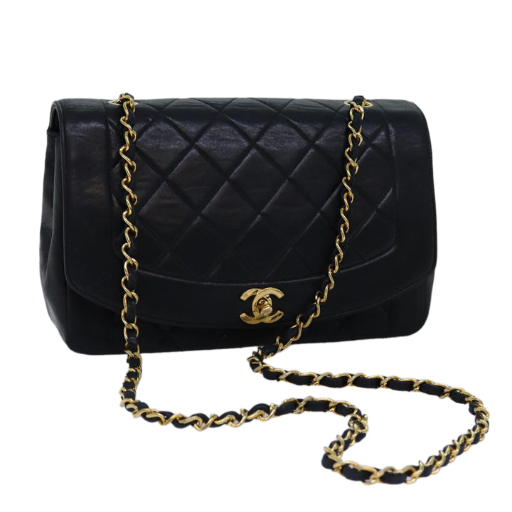 Chanel Diana Matelasse Chain Shoulder Bag Lamb Skin Black CC Auth yk12474
