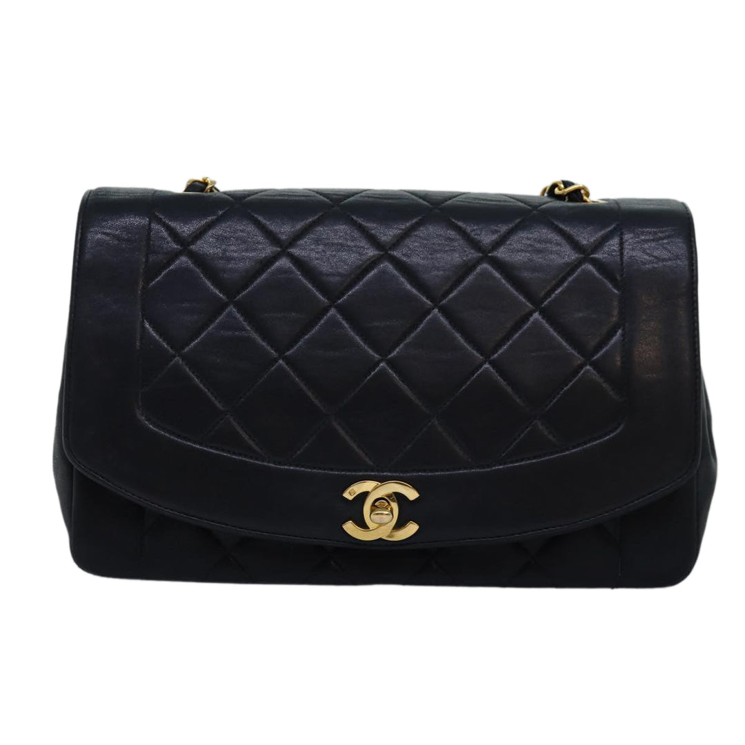 Chanel Diana Matelasse Chain Shoulder Bag Lamb Skin Black CC Auth yk12474