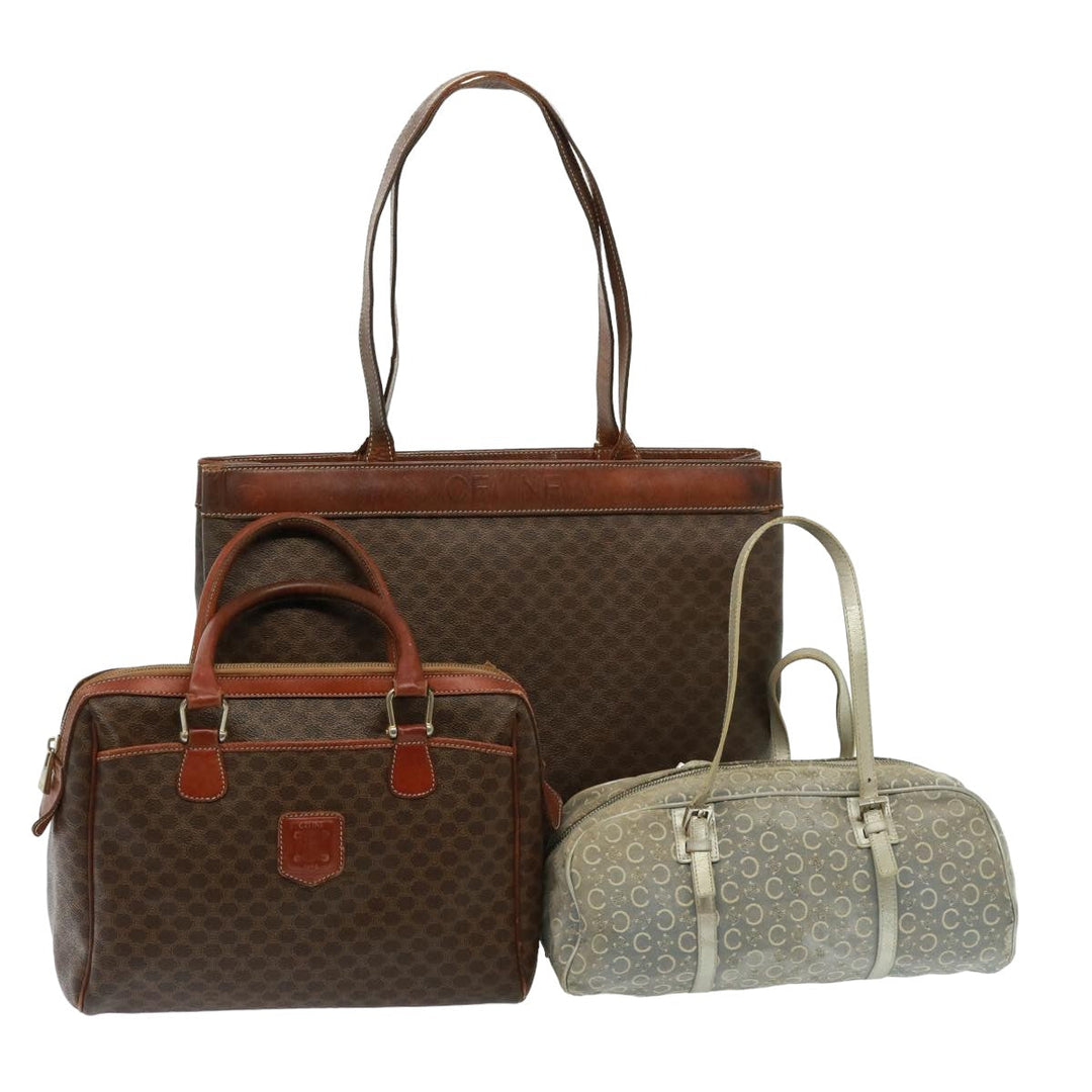 Celine Shoulder Macadam Canvas Hand Bag PVC 3Set Brown 12914