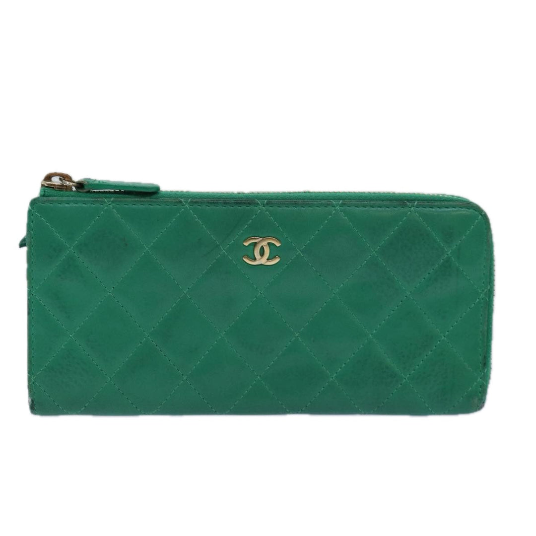 Top Quality Chanel Matelasse Long Wallet Lamb Skin Green CC Auth yk12983