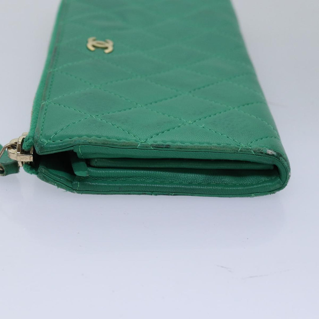 Top Quality Chanel Matelasse Long Wallet Lamb Skin Green CC Auth yk12983