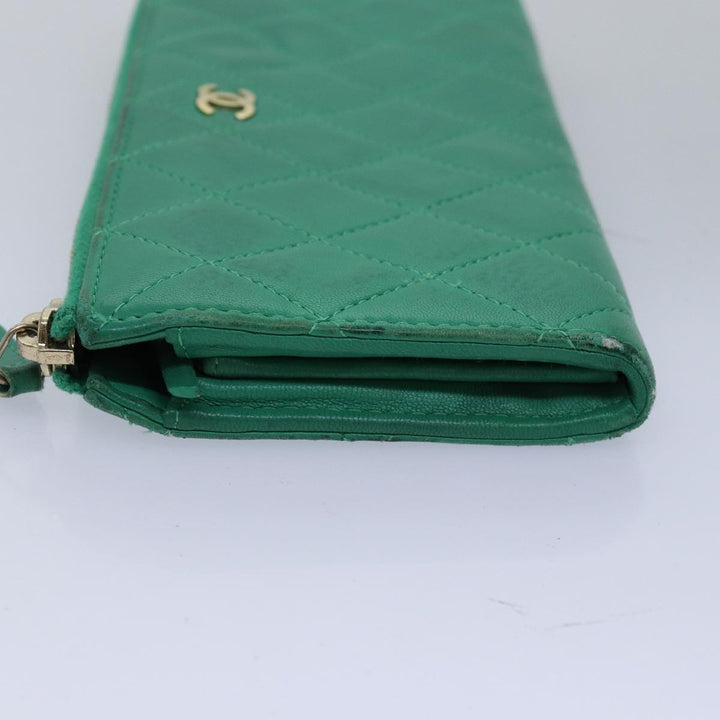 Top Quality Chanel Matelasse Long Wallet Lamb Skin Green CC Auth yk12983