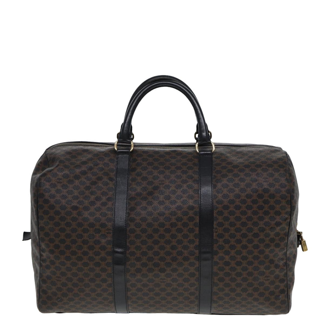 Celine Macadam Canvas Boston Bag PVC Leather Black Brown Auth yk13042