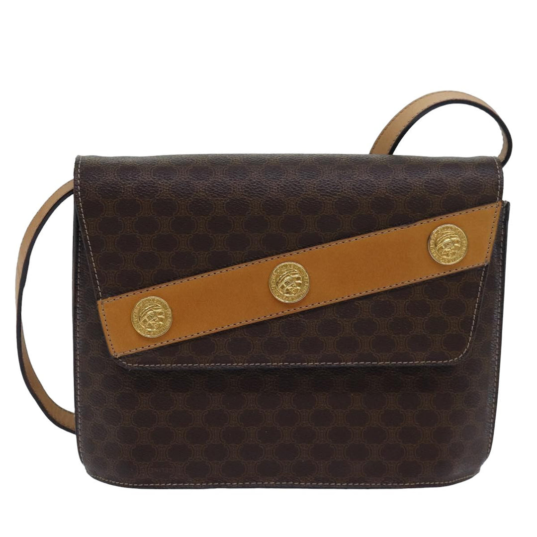 Celine Macadam Canvas Shoulder Bag PVC Leather Brown Auth yk13147