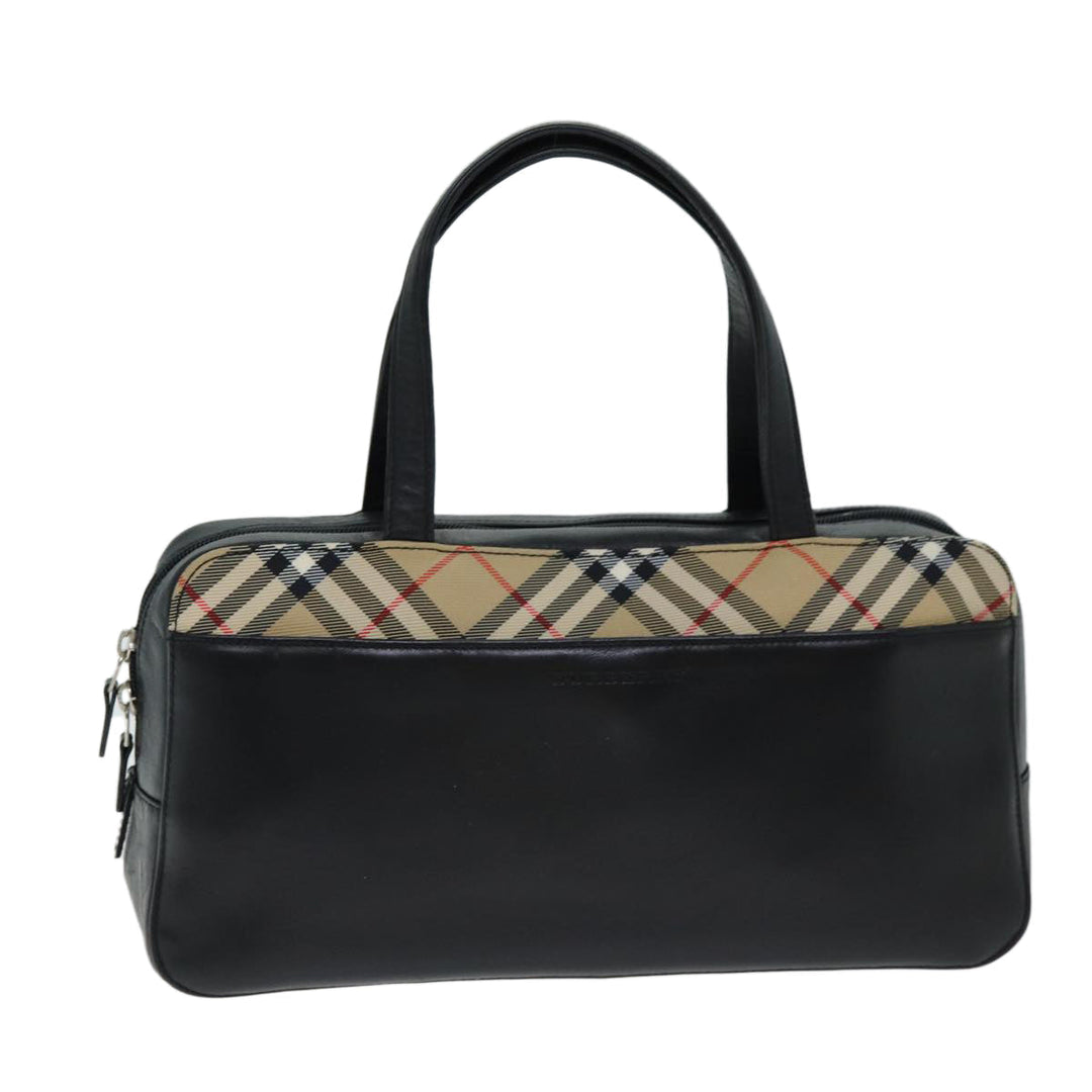 Burberry Nova Check Hand Bag Leather Canvas Black Beige Auth yk13164