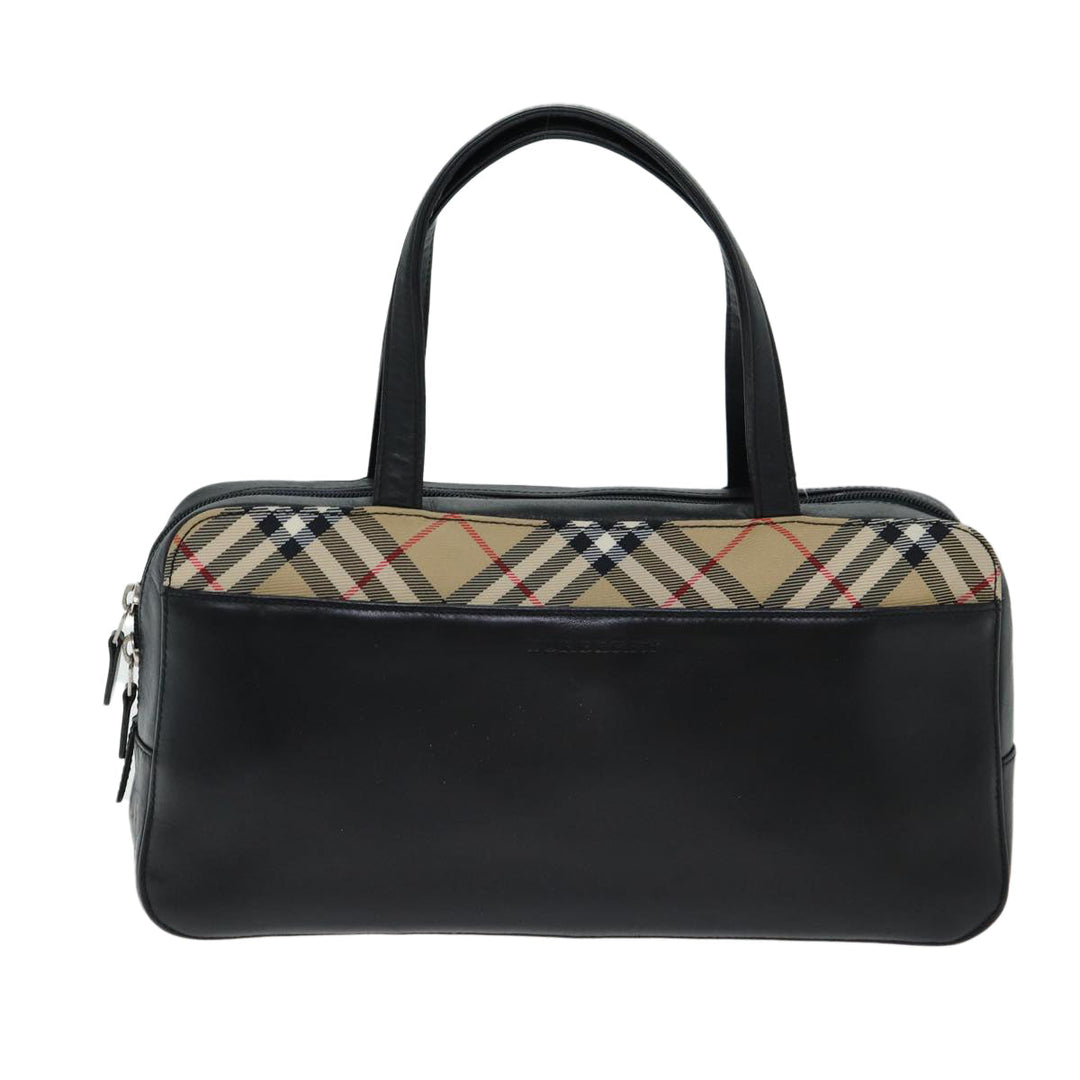 Burberry Nova Check Hand Bag Leather Canvas Black Beige Auth yk13164