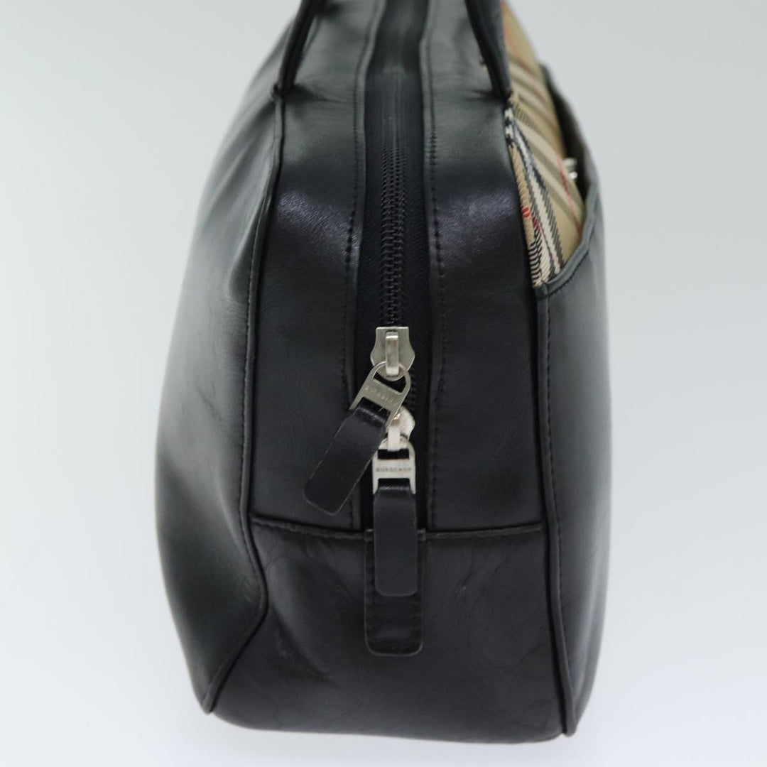 Burberry Nova Check Hand Bag Leather Canvas Black Beige Auth yk13164