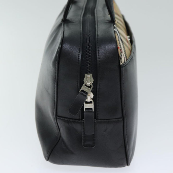Burberry Nova Check Hand Bag Leather Canvas Black Beige Auth yk13164