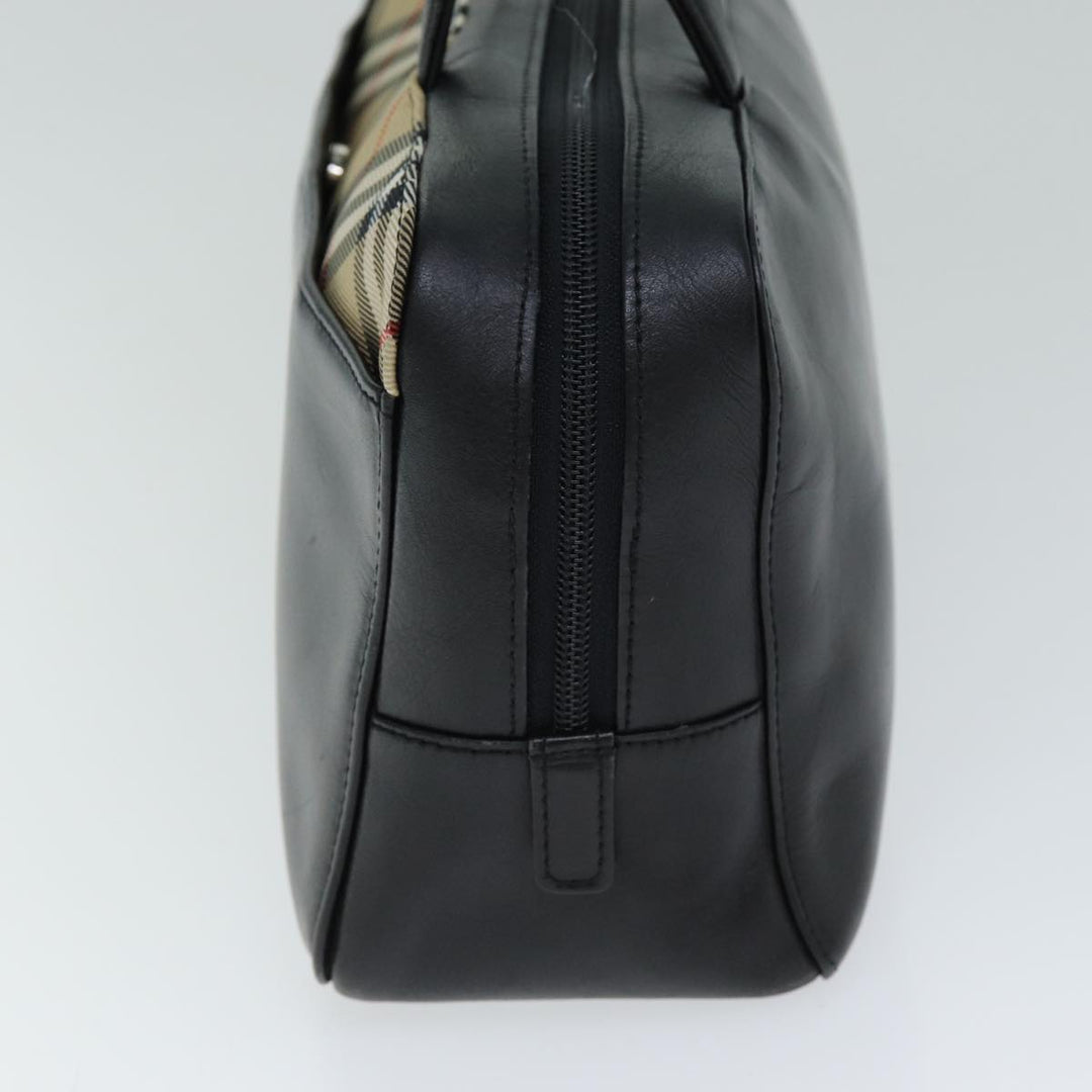 Burberry Nova Check Hand Bag Leather Canvas Black Beige Auth yk13164