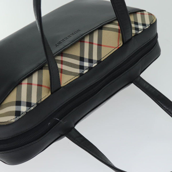 Burberry Nova Check Hand Bag Leather Canvas Black Beige Auth yk13164