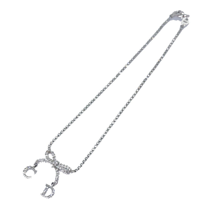 CHRISTIAN Top quality Dior Ribbon Stone Necklace metal Silver Auth yk13713