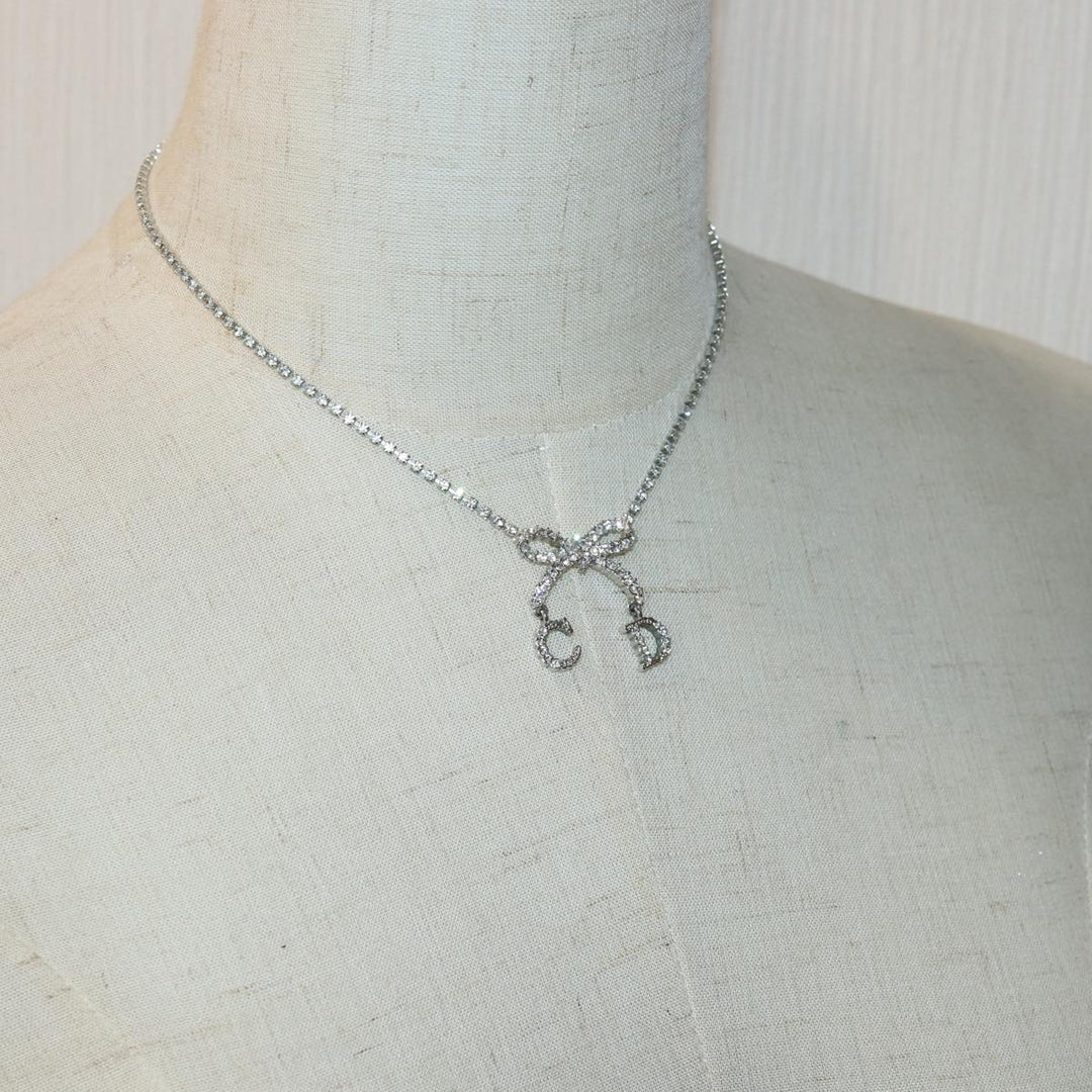 CHRISTIAN Top quality Dior Ribbon Stone Necklace metal Silver Auth yk13713