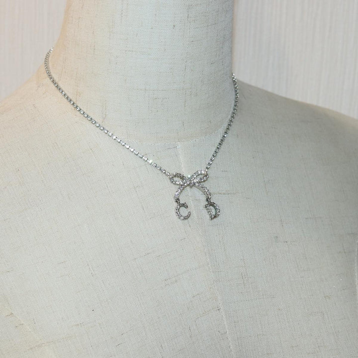 CHRISTIAN Top quality Dior Ribbon Stone Necklace metal Silver Auth yk13713
