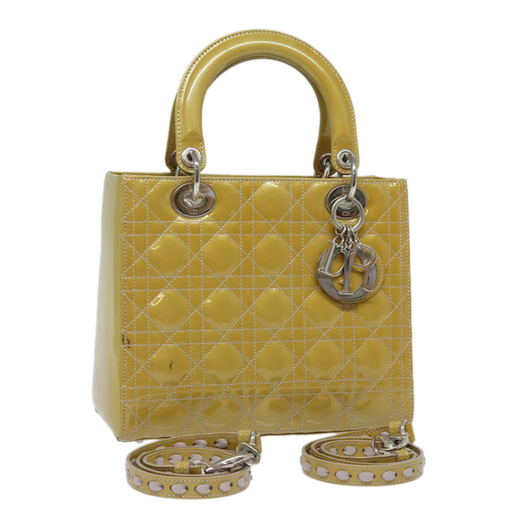 CHRISTIAN Top quality Dior Lady Top quality Dior Canage Hand Bag Enamel 2way Yellow Auth yk13927