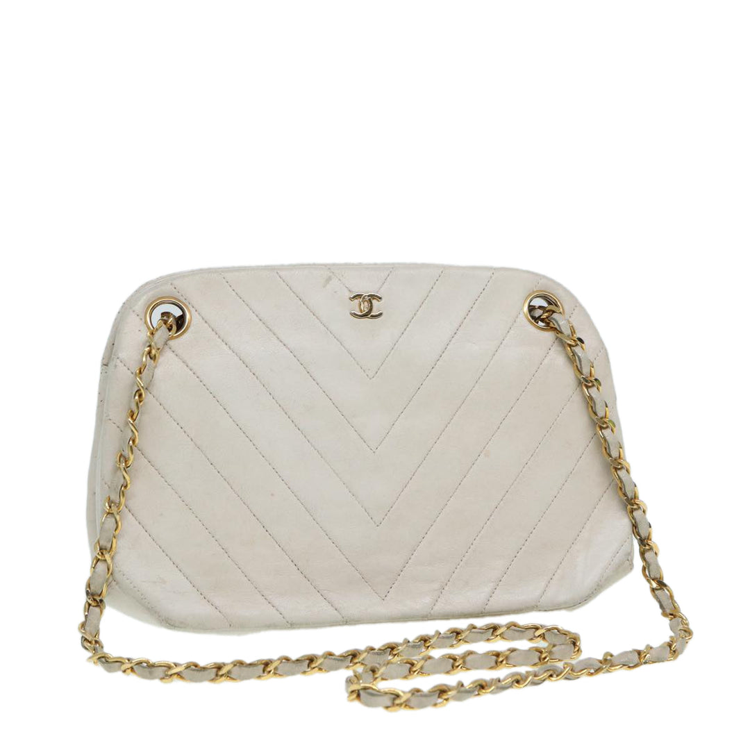 Chanel V Stitch Chain Hand Bag Leather White CC Auth yk14103