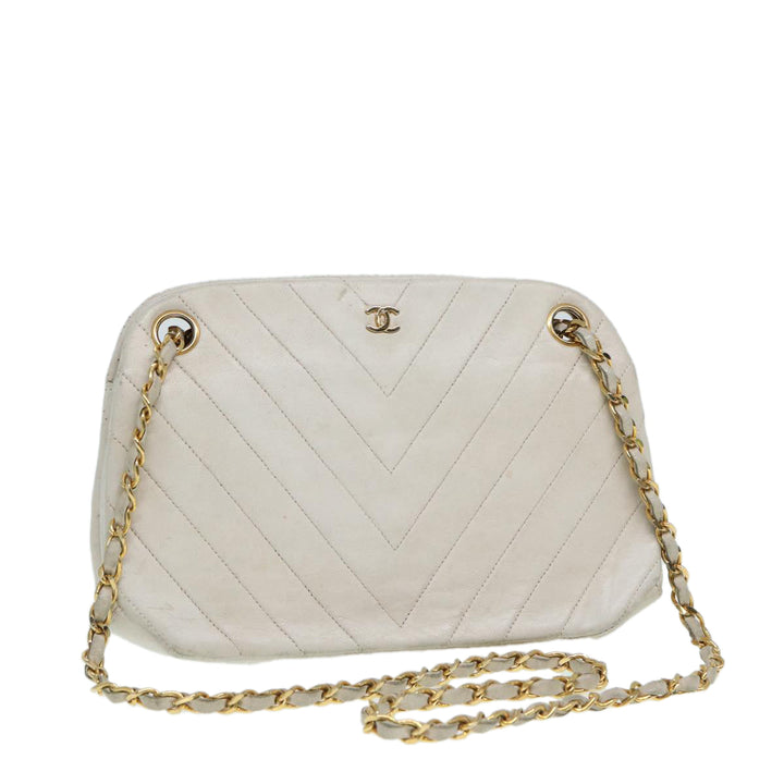 Chanel V Stitch Chain Hand Bag Leather White CC Auth yk14103