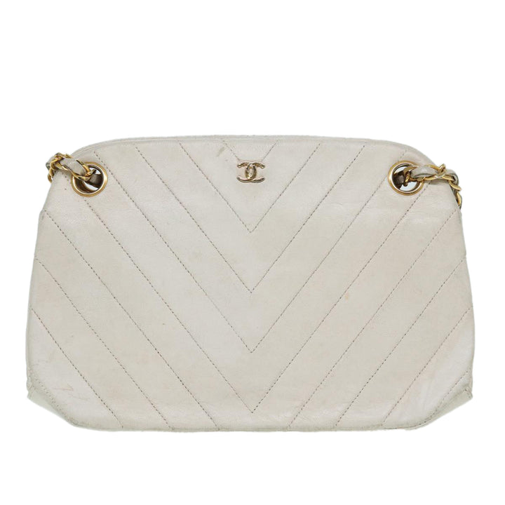 Chanel V Stitch Chain Hand Bag Leather White CC Auth yk14103