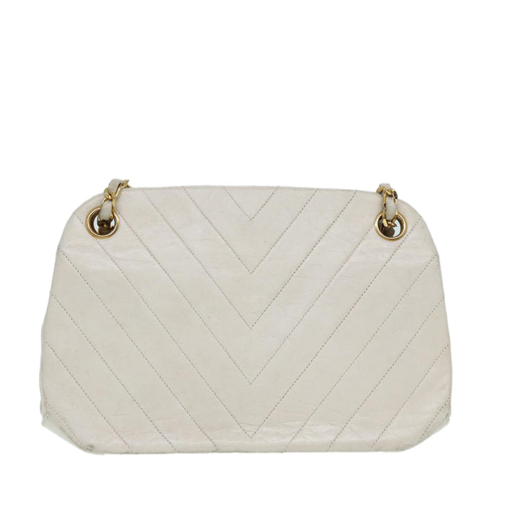 Chanel V Stitch Chain Hand Bag Leather White CC Auth yk14103
