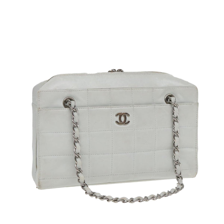 Chanel Choco Bar Chain Hand Bag Leather White Silver CC Auth yk14303