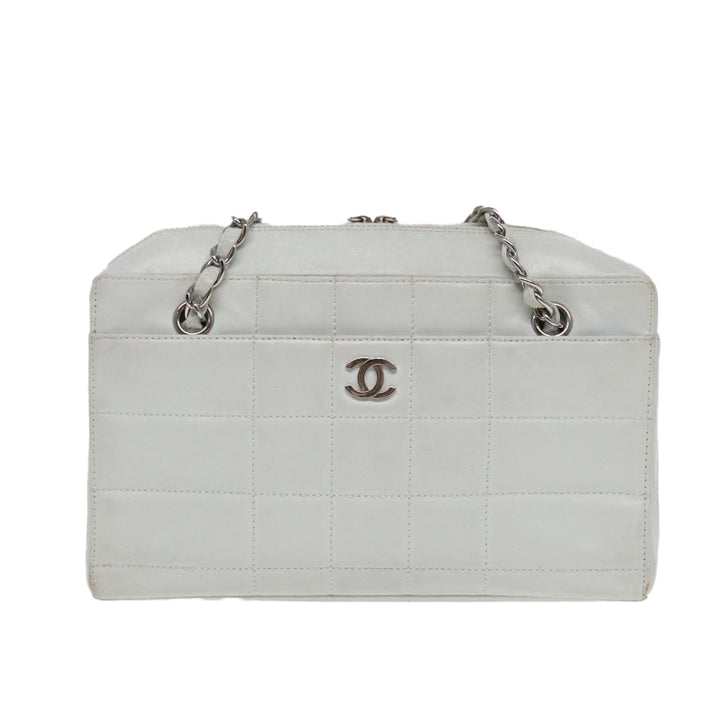 Chanel Choco Bar Chain Hand Bag Leather White Silver CC Auth yk14303