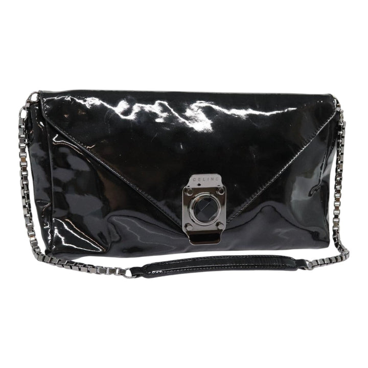 Celine Chain Shoulder Bag Enamel Black Silver Auth yk14305
