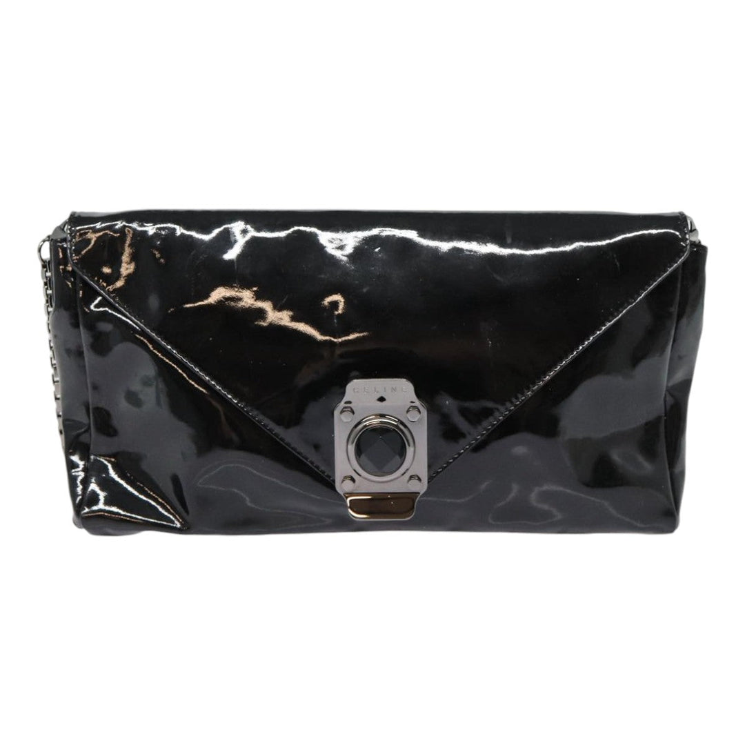 Celine Chain Shoulder Bag Enamel Black Silver Auth yk14305