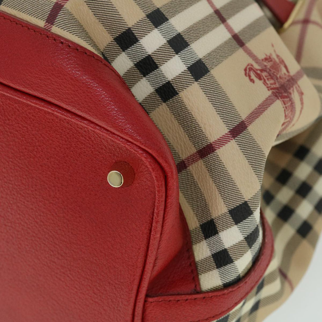 BURBERRY Nova Check Tote Bag Pvc Leather Beige Red Auth Yk8482