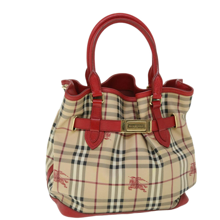 BURBERRY Nova Check Tote Bag Pvc Leather Beige Red Auth Yk8482