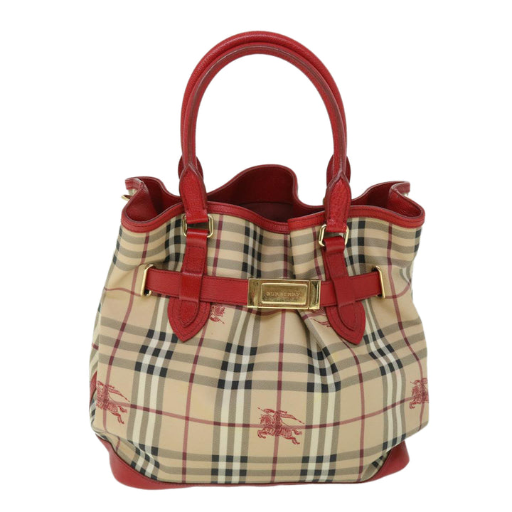 BURBERRY Nova Check Tote Bag Pvc Leather Beige Red Auth Yk8482