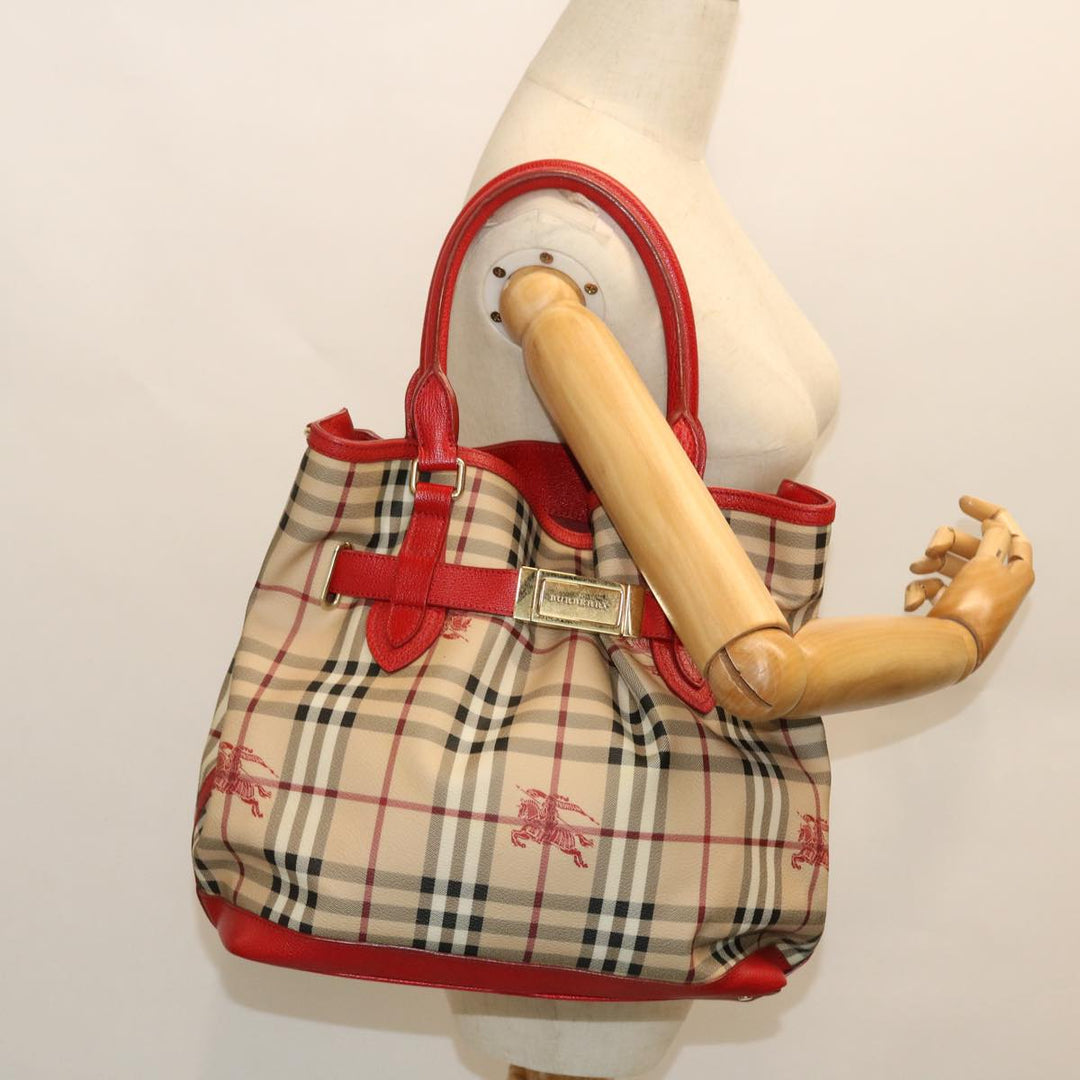 BURBERRY Nova Check Tote Bag Pvc Leather Beige Red Auth Yk8482