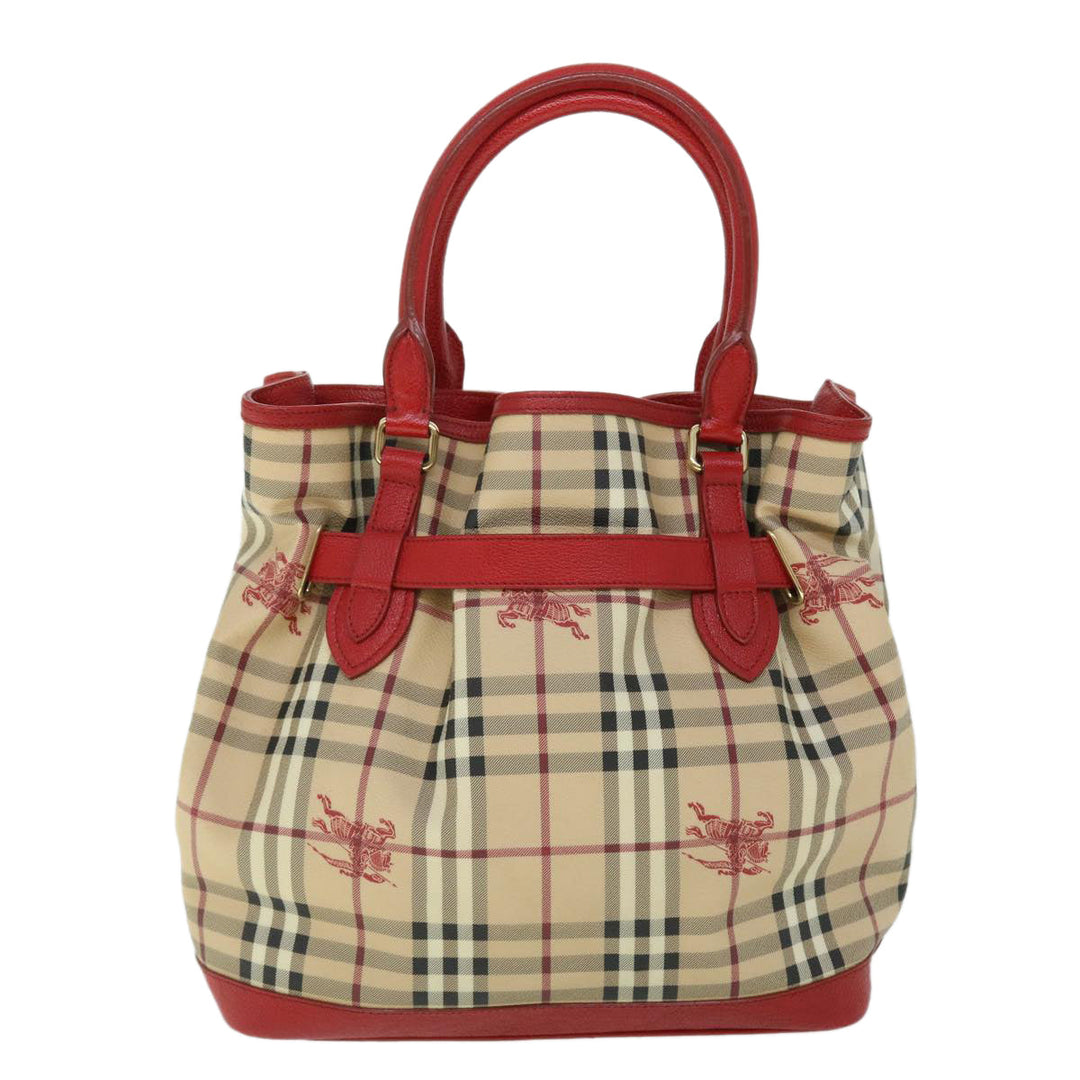 BURBERRY Nova Check Tote Bag Pvc Leather Beige Red Auth Yk8482