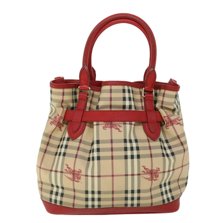 BURBERRY Nova Check Tote Bag Pvc Leather Beige Red Auth Yk8482