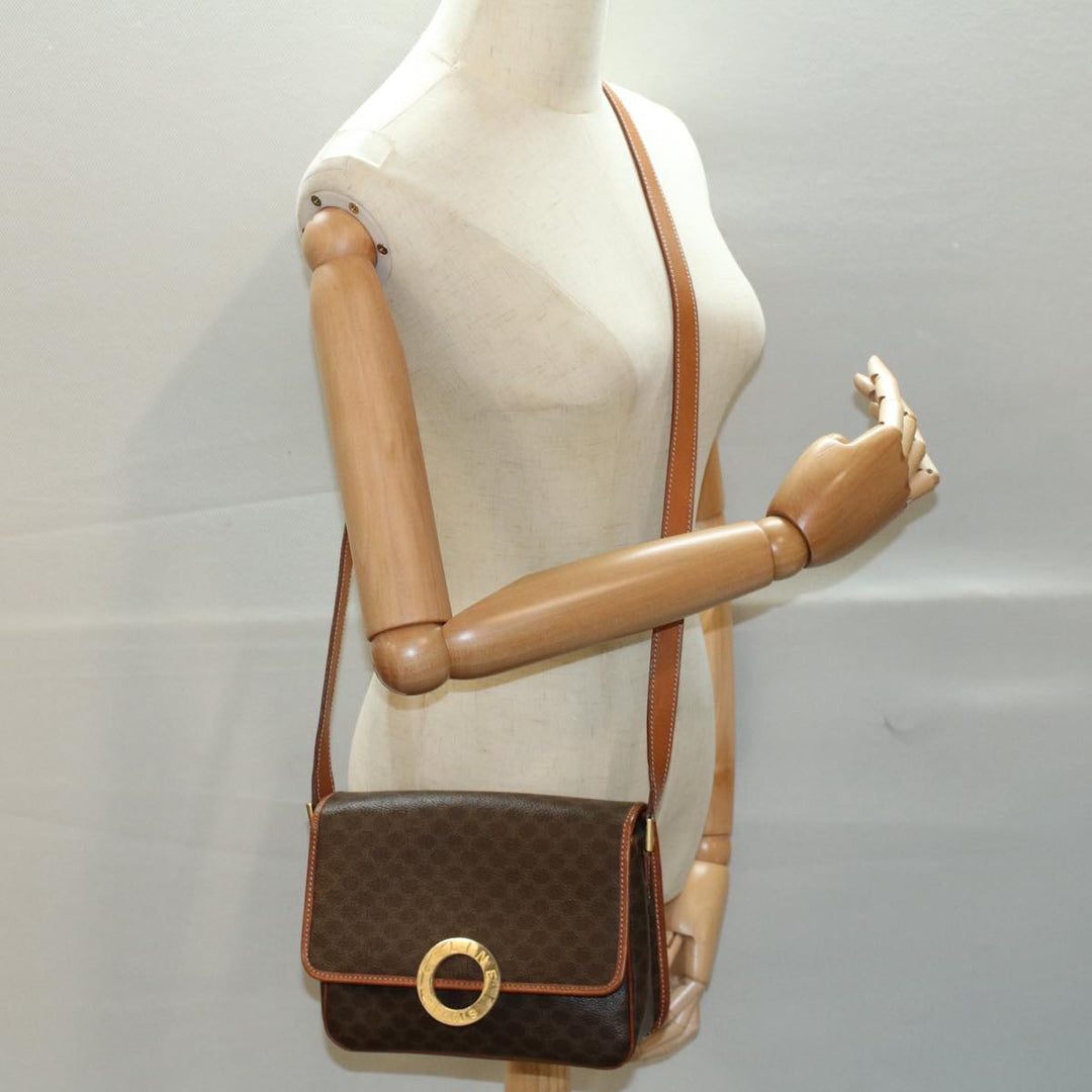 Celine Macadam Canvas Shoulder Bag PVC Leather Brown 8696