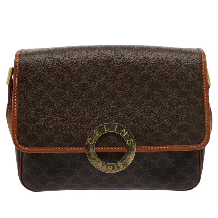 Celine Macadam Canvas Shoulder Bag PVC Leather Brown 8696