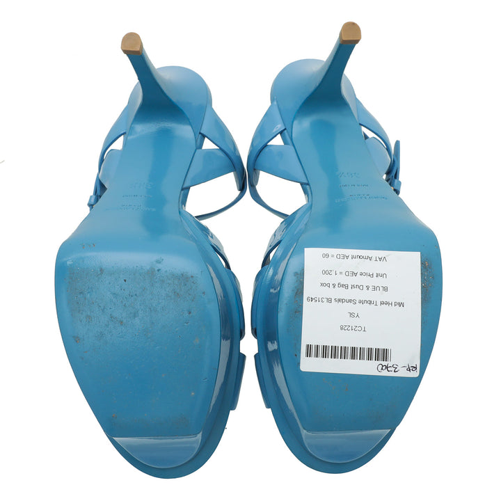 YSL Blue Mid Heel Tribute Sandals 38.5