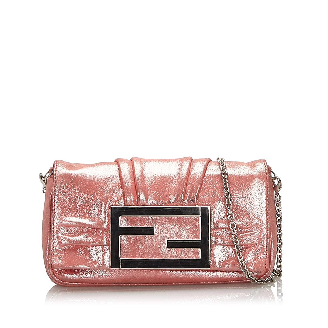 Pre-Loved Fendi Pink Chemical Fiber Fabric Metallic Chain Shoulder Bag Italy