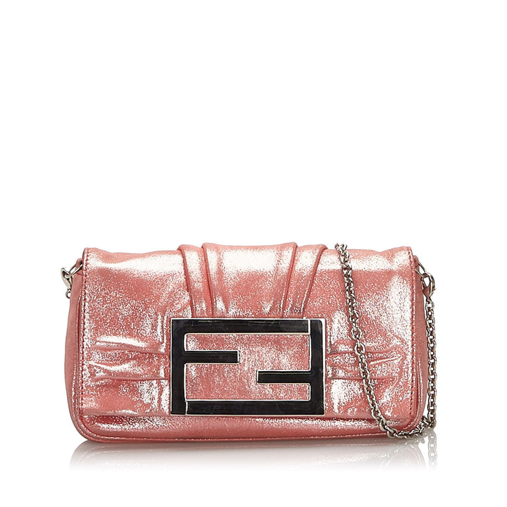Pre-Loved Fendi Pink Chemical Fiber Fabric Metallic Chain Shoulder Bag Italy
