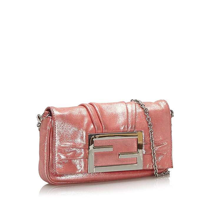 Pre-Loved Fendi Pink Chemical Fiber Fabric Metallic Chain Shoulder Bag Italy