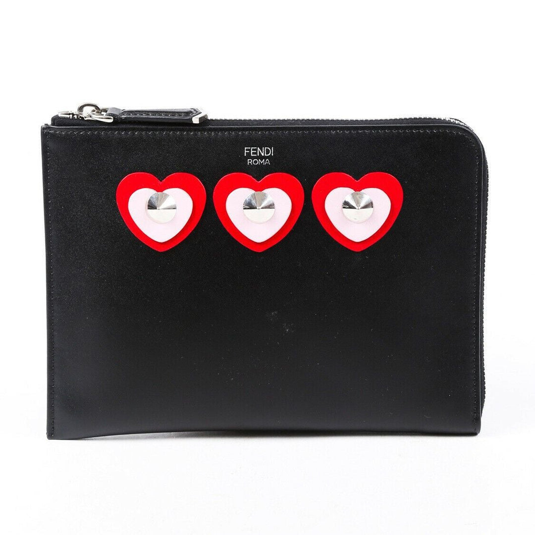 Fendi Bag Heart Stud Black Leather Flat Pouch