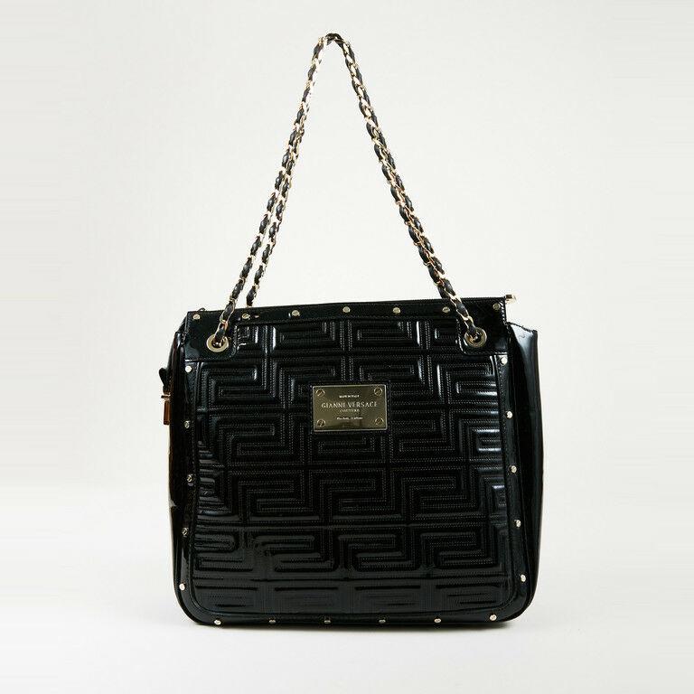 Gianni Versace Couture Black Quilted Patent Leather Gold Tone Studded Tote Bag