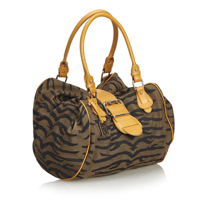 Pre-Loved Fendi Brown Jacquard Fabric Tiger Print Handbag Italy