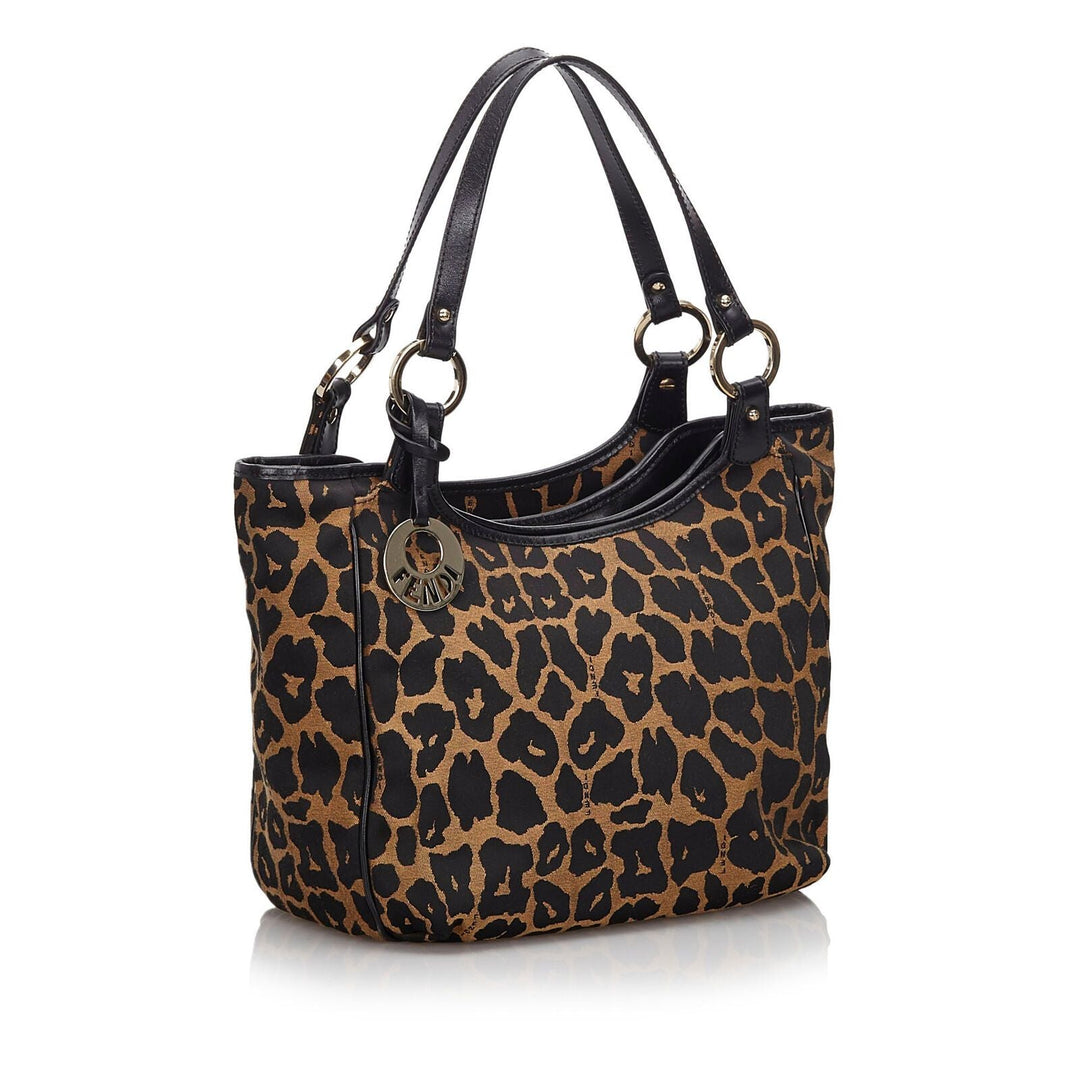 Pre-Loved Fendi Brown Beige Canvas Fabric Leopard Print Handbag Italy