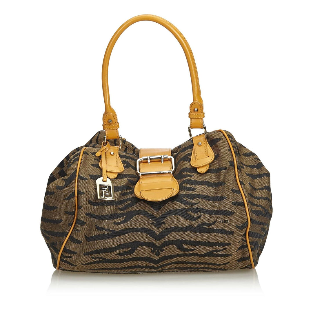 Pre-Loved Fendi Brown Jacquard Fabric Tiger Print Handbag Italy