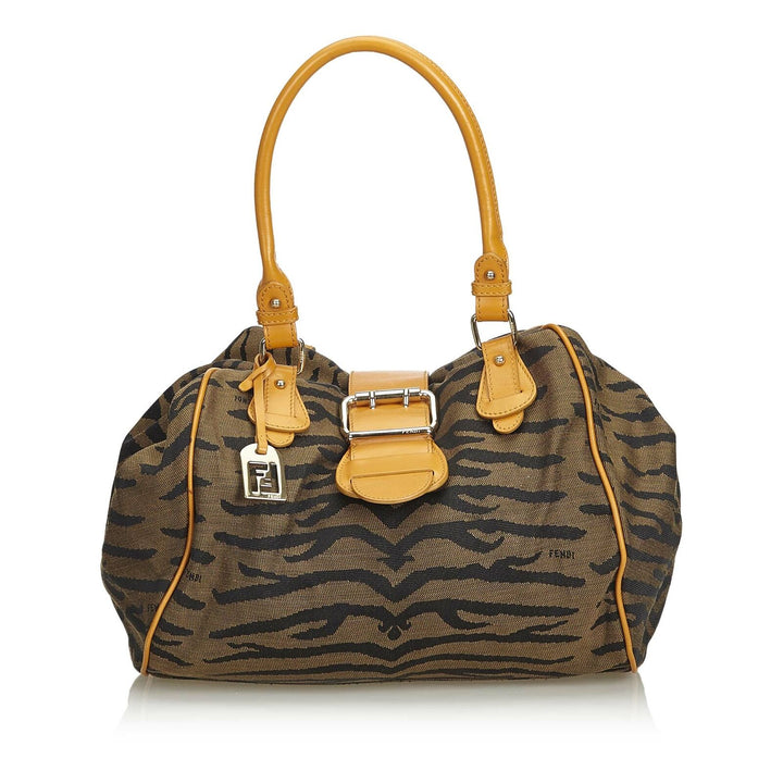 Pre-Loved Fendi Brown Jacquard Fabric Tiger Print Handbag Italy