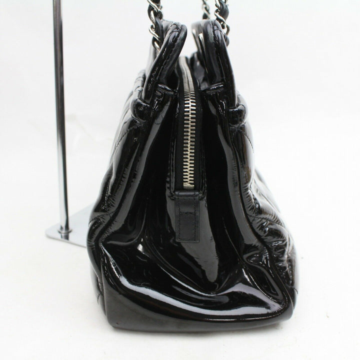 C*C Tote Bag Quilted Chain Tote Black Patent Leather (SHC1-15869)